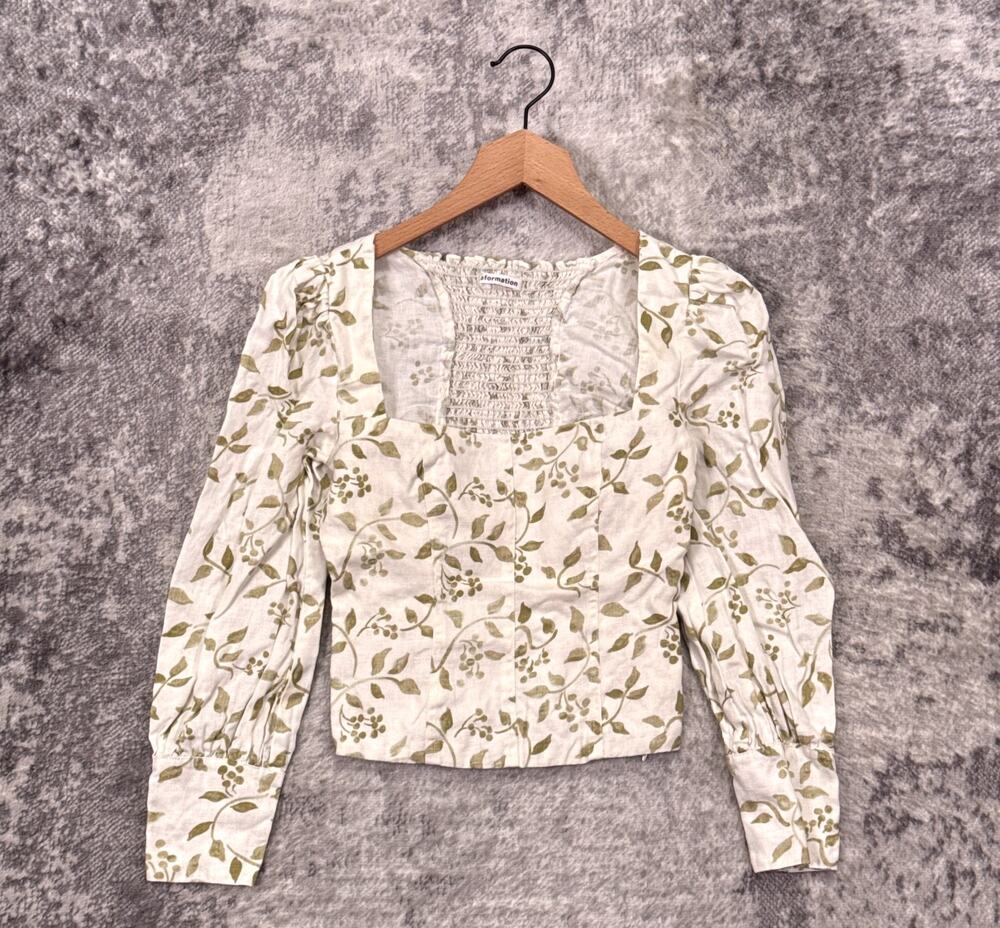 Reformation Top 0 Womens Stilton 100% Linen Smocked Floral Square Neck
